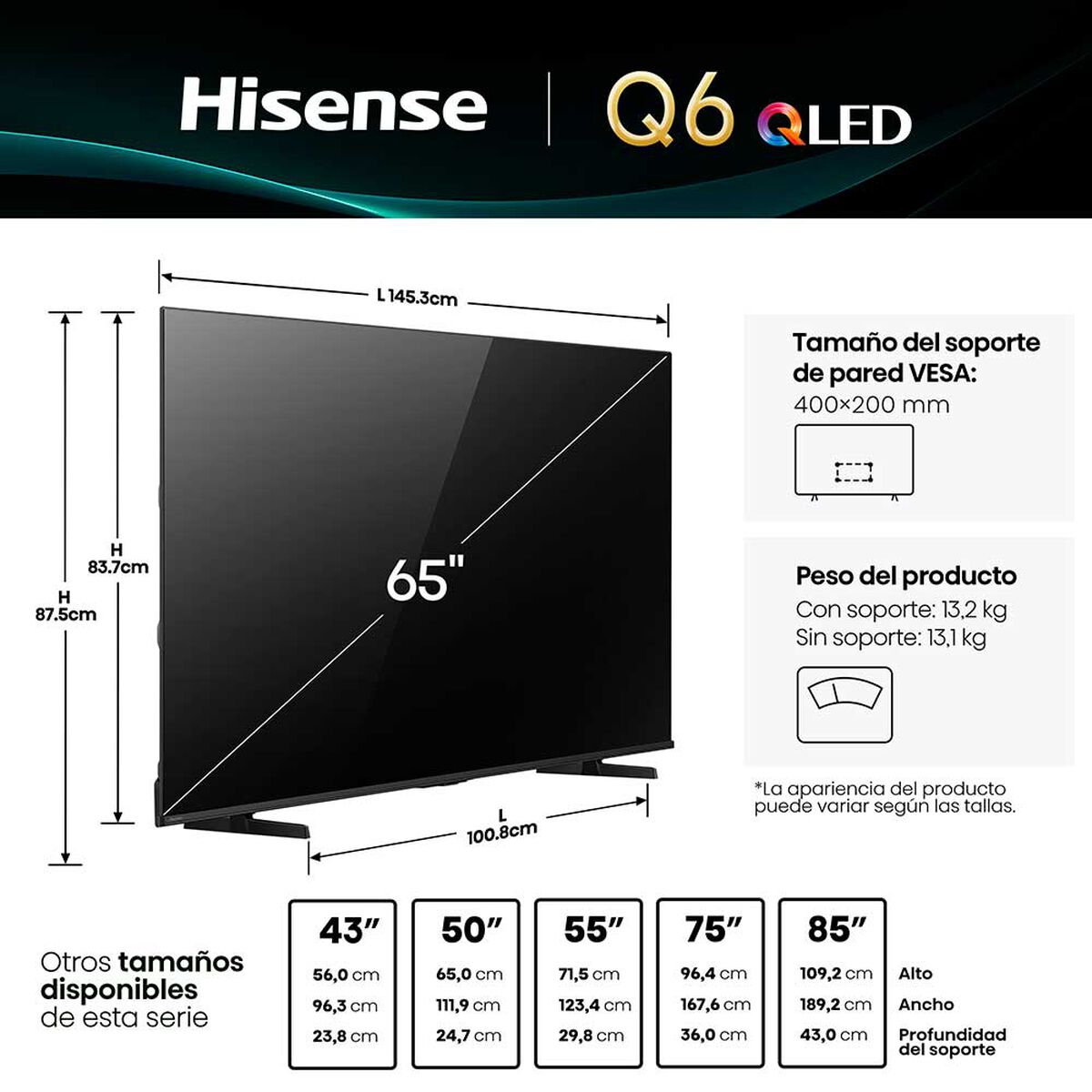 QLED 65" Hisense Ultra HD 4K 65Q6QV