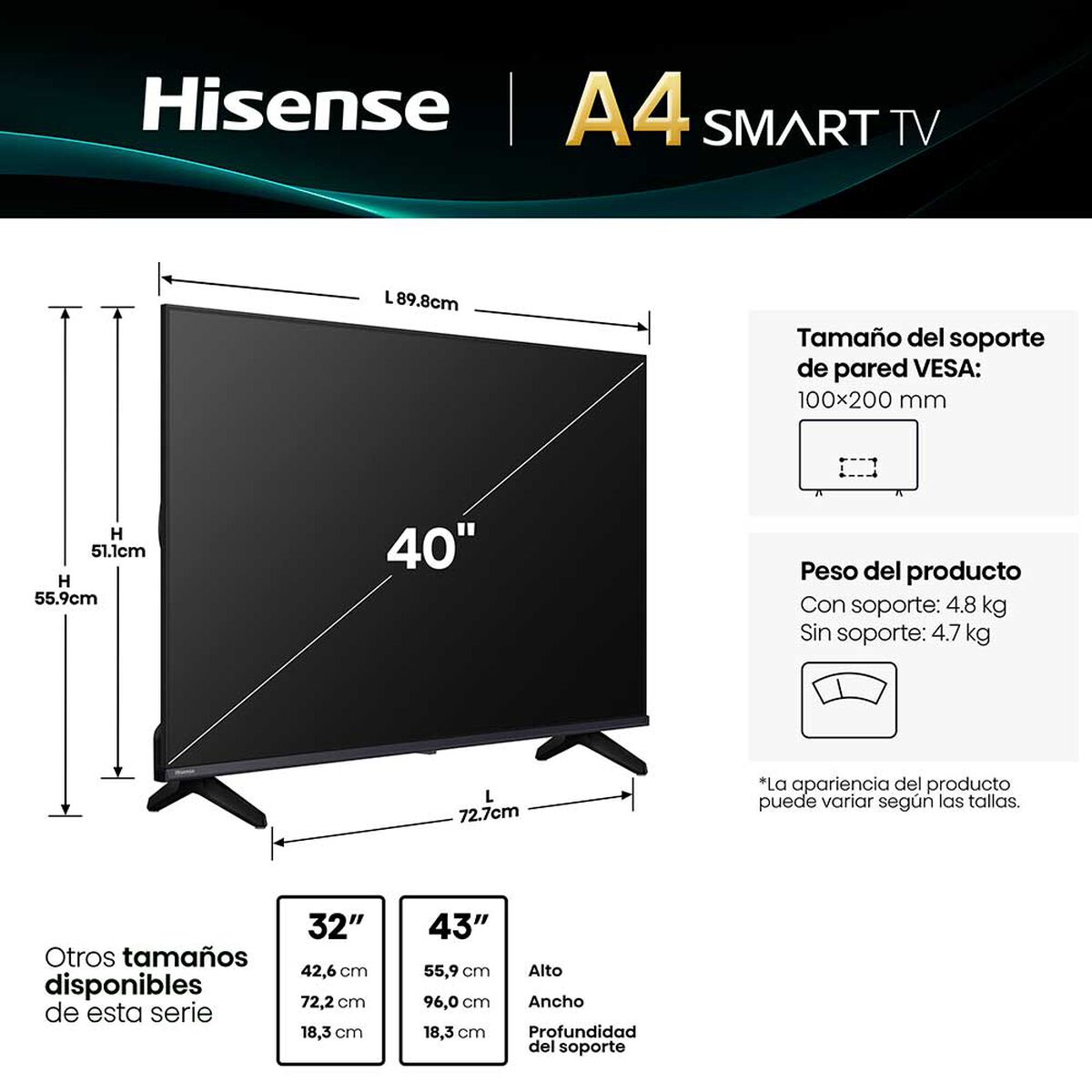 LED 40" Hisense Full HD 40A4NV